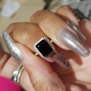 Genuine solid sterling silver ring Emerald Cut Onyx? Black Quartz? Size 5.75